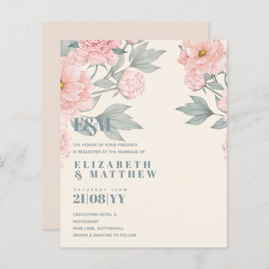 Peach Peonies Sage Floral budget Weddenschap (Voorkant / Achterkant)