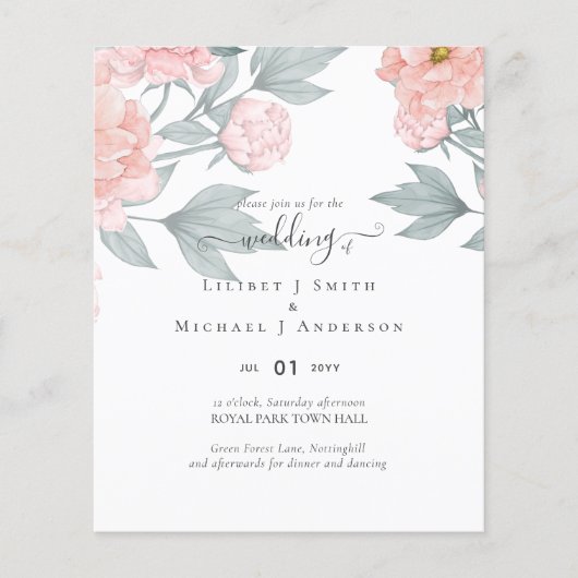 Peach Peonies Sage Floral budget Weddenschap Flyer (Voorkant)