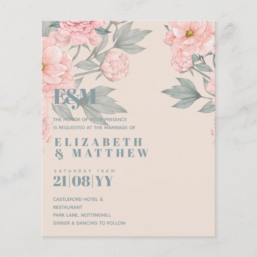Peach Peonies Sage Floral budget Weddenschap Flyer (Voorkant)