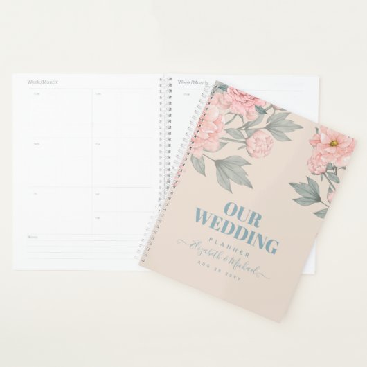 Peach Peonies Sage Floral budget Weddenschap Planner (Display)
