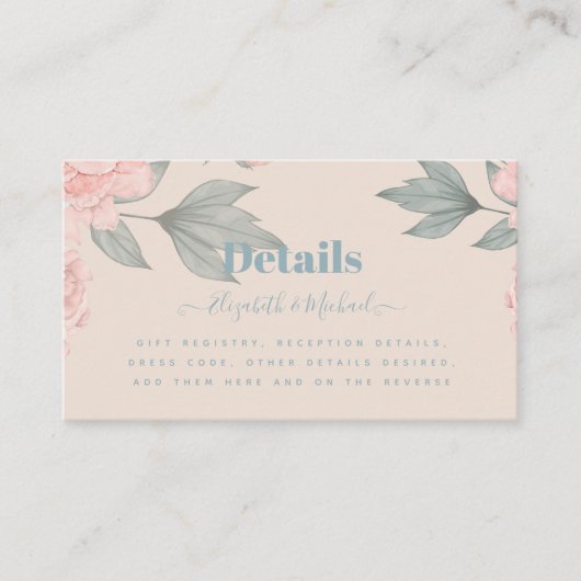 Peach Peonies Sage Floral budget Weddenschap Visitekaartje (Voorkant)