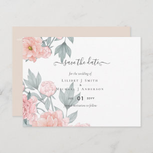 Peach peonies Sage Floral Weddenschap Save Dates Briefkaart