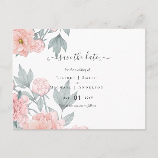 Peach peonies Sage Floral Weddenschap Save Dates Briefkaart (Voorkant)