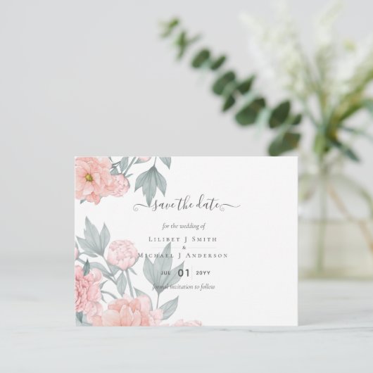 Peach peonies Sage Floral Weddenschap Save Dates Briefkaart (Staand voorkant)