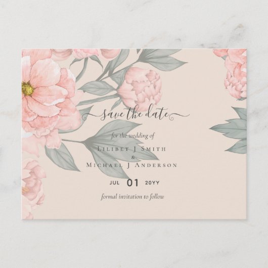 Peach peonies Sage Floral Weddenschap Save Dates Briefkaart (Voorkant)