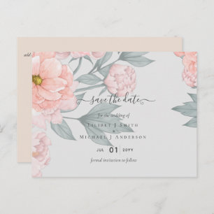 Peach peonies Sage Floral Weddenschap Save Dates Briefkaart