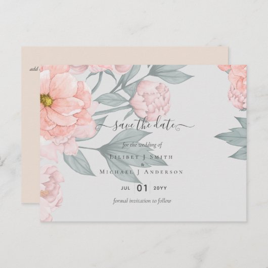 Peach peonies Sage Floral Weddenschap Save Dates Briefkaart (Voorkant / Achterkant)