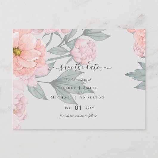 Peach peonies Sage Floral Weddenschap Save Dates Briefkaart (Voorkant)