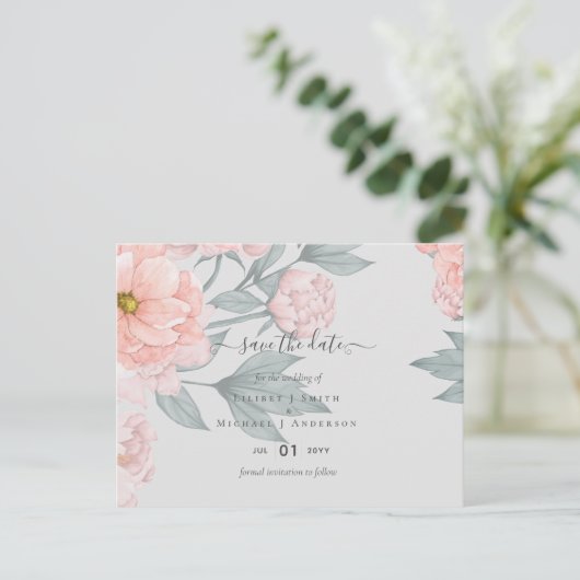 Peach peonies Sage Floral Weddenschap Save Dates Briefkaart (Staand voorkant)