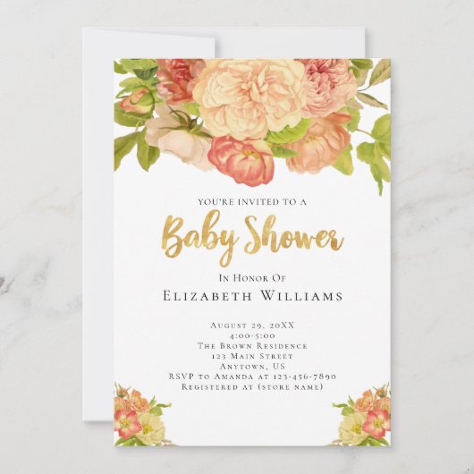 Peach peonies Waterverf Flowers Girl Baby shower Kaart (Voorkant)