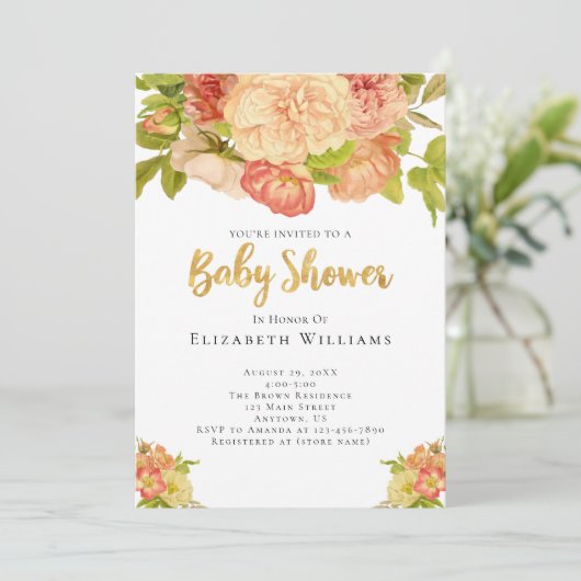 Peach peonies Waterverf Flowers Girl Baby shower Kaart (Staand voorkant)