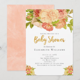 Peach peonies Waterverf Flowers Girl Baby shower Kaart