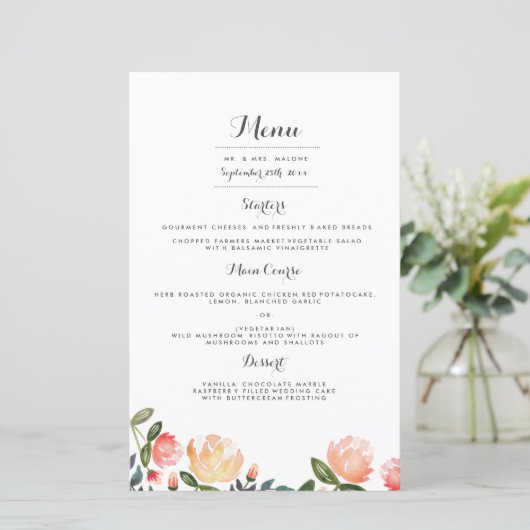 Peach Peonies Weddenschap-menu (Staand voorkant)