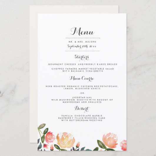 Peach Peonies Weddenschap-menu (Voorkant / Achterkant)