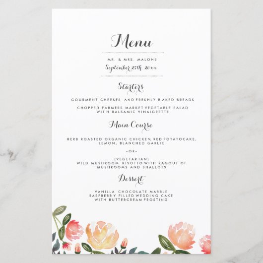 Peach Peonies Weddenschap-menu (Voorkant)