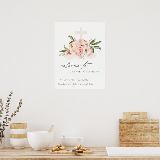 Peach Peony Floral Cross Bunch Baptism Welcome Poster (Keuken)