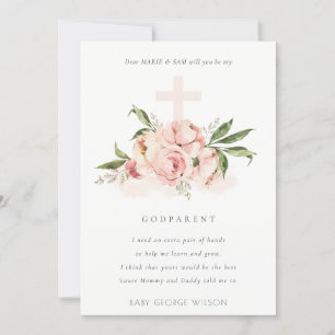 Peach Peony Floral Cross Godparent Voorstel Uitnod Bedankkaart