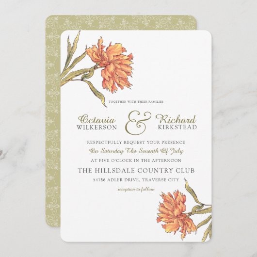 Peach Peony Floral Wedding Invitation Kaart (Voorkant / Achterkant)