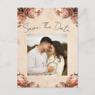Peach Peony Flowers  Rustic Save the Date Aankondigingskaart