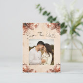 Peach Peony Flowers  Rustic Save the Date Aankondigingskaart (Staand voorkant)