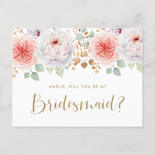 Peach Peony Gold Leaves zal mijn Bridesmaid zijn Uitnodiging Briefkaart