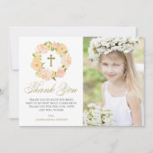 Peach Peony Krans Eerste Heilige Communie Foto Bedankkaart (Voorkant)