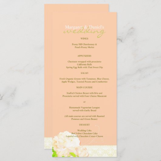 Peach Peony Long Vertical Wedding Menu (Voorkant / Achterkant)