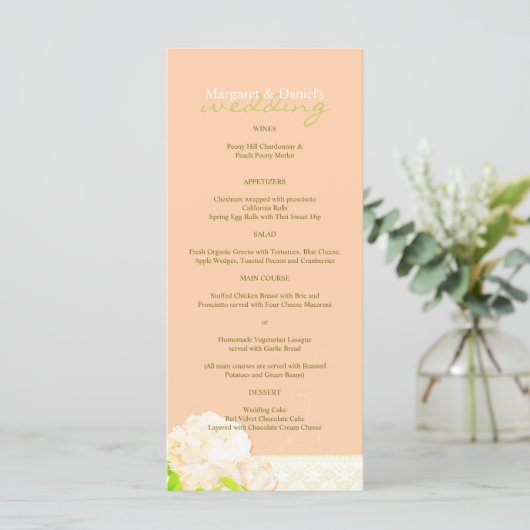 Peach Peony Long Vertical Wedding Menu (Staand voorkant)