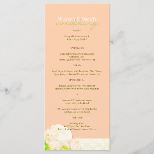 Peach Peony Long Vertical Wedding Menu (Voorkant)