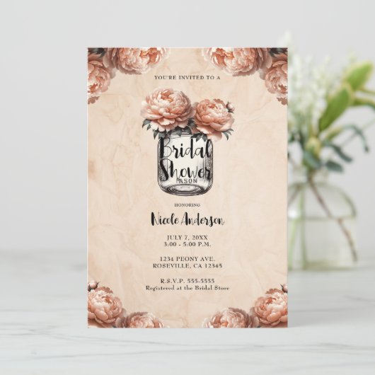Peach Peony Mason Jar Rustiek Vrijgezellenfeest Kaart (Staand voorkant)