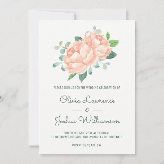 Peach Peony Waterverf bruiloft uitnodigingen (Voorkant)