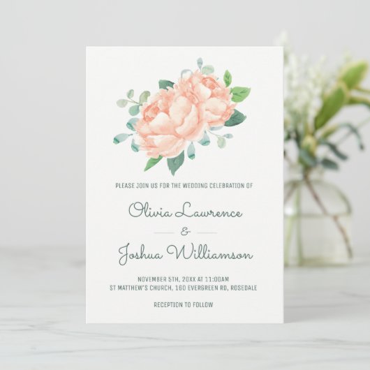 Peach Peony Waterverf bruiloft uitnodigingen (Staand voorkant)