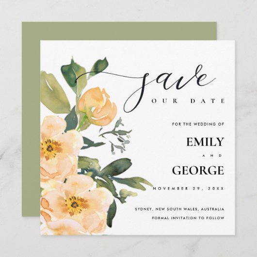 PEACH PEONY WATERVERF FLORAL BEWAREN DE DATUM KAAR BEDANKKAART (Voorkant / Achterkant)