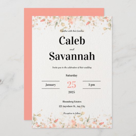 Peach Petal Wedding Invitation Kaart (Voorkant / Achterkant)