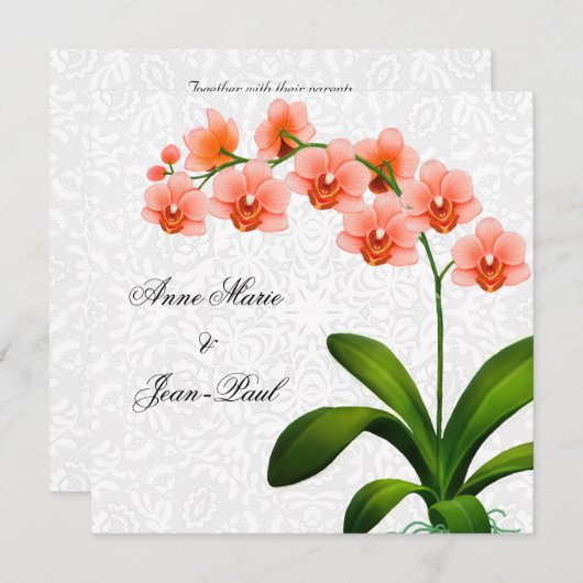 Peach phalaenopsis Orchids and Lace Wedding Invite Kaart (Voorkant / Achterkant)