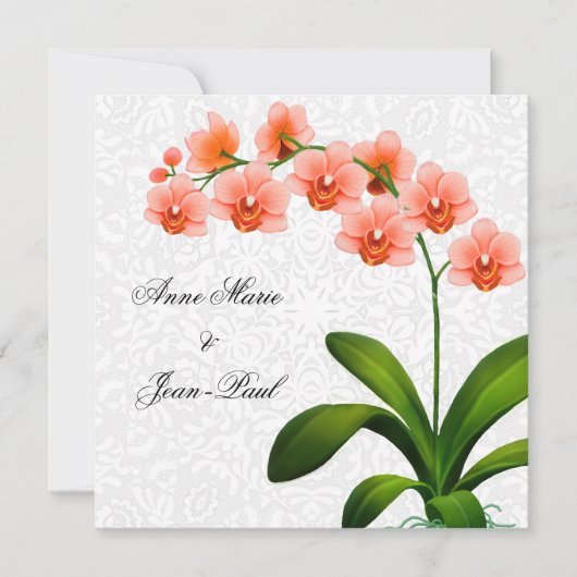 Peach phalaenopsis Orchids and Lace Wedding Invite Kaart (Voorkant)