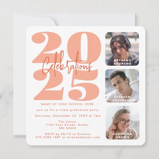 Peach Photo Triple Afstuderen Invitation Kaart (Voorkant)