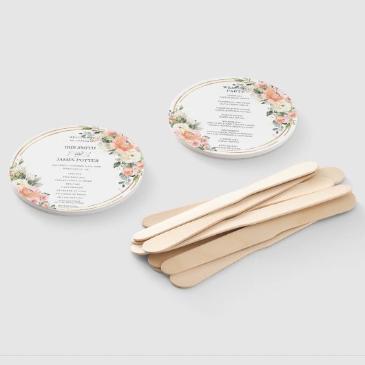 Peach Pink Blush Ivory Floral Gold huwelijksprogra Handwaaier (Niet-gemonteerd)