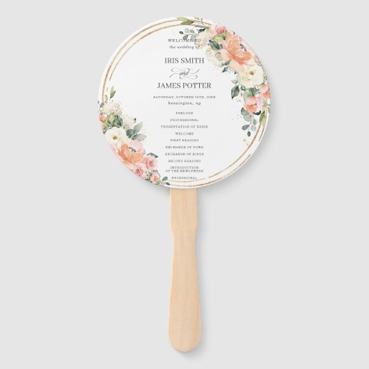 Peach Pink Blush Ivory Floral Gold huwelijksprogra Handwaaier (Voorkant)