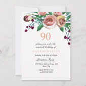 Peach Pink Burgundy Roos 90th Birthday Invitation Kaart (Voorkant)