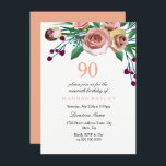 Peach Pink Burgundy Roos 90th Birthday Invitation Kaart<br><div class="desc">Peach Pink Burgundy Roos 90th Birthday Invitation Matching collectie in Niche and Nest store. Ontwerp met dank aan: https://www.etsy.com/shop/SmallHouseBigPony</div>