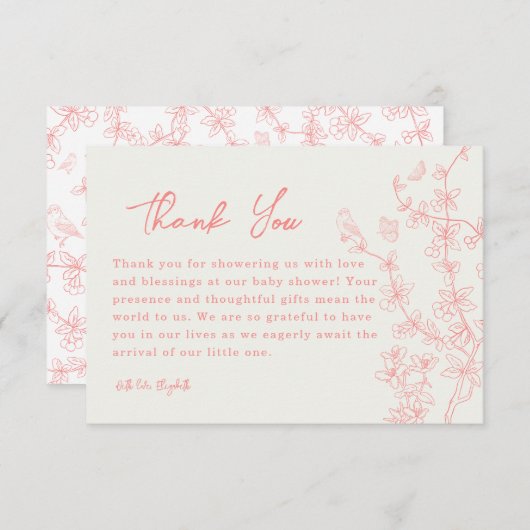 Peach Pink Chinoiserie Baby shower Dank u kaart (Voorkant / Achterkant)