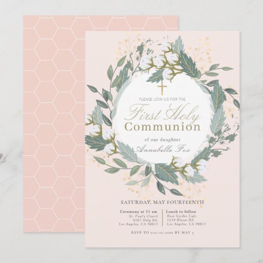 Peach Pink Cotton Krans Eerste Heilige Communie Kaart (Voorkant / Achterkant)