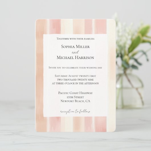 Peach Pink Cream Stripes Wedding Kaart (Staand voorkant)