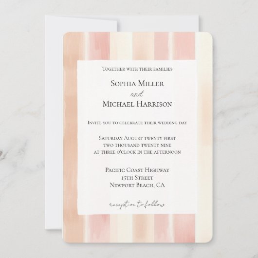 Peach Pink Cream Stripes Wedding Kaart (Voorkant)