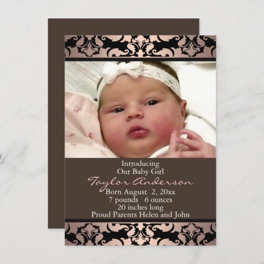 Peach Pink Damask Fotogeboorteaankondiging Aankondiging (Voorkant / Achterkant)