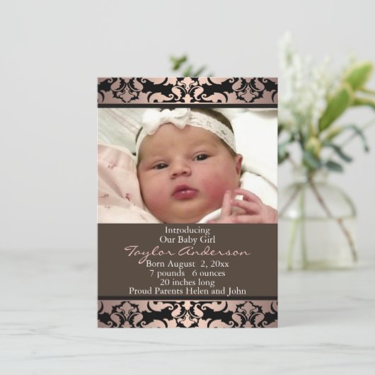 Peach Pink Damask Fotogeboorteaankondiging Aankondiging (Staand voorkant)