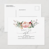 Peach Pink en Bourgondië Floral Save the Date Briefkaart (Voorkant / Achterkant)