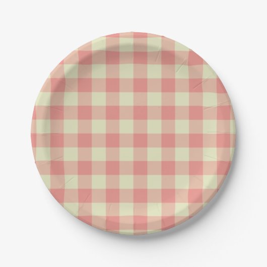 Peach Pink en Crème Gingham Patroon Papieren Bordje (Voorkant)