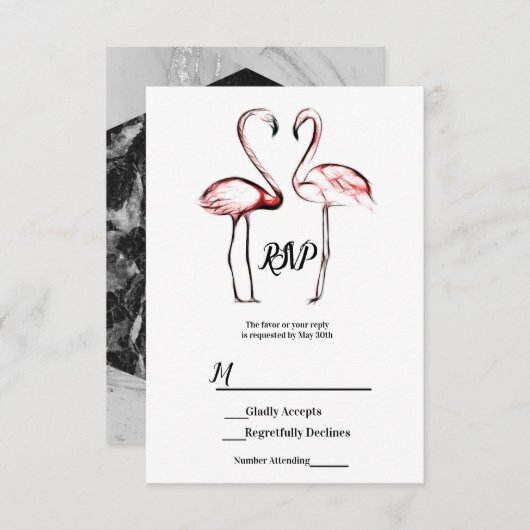 Peach Pink Flamingo Flamingo Zwart Marmer RSVP (Voorkant / Achterkant)